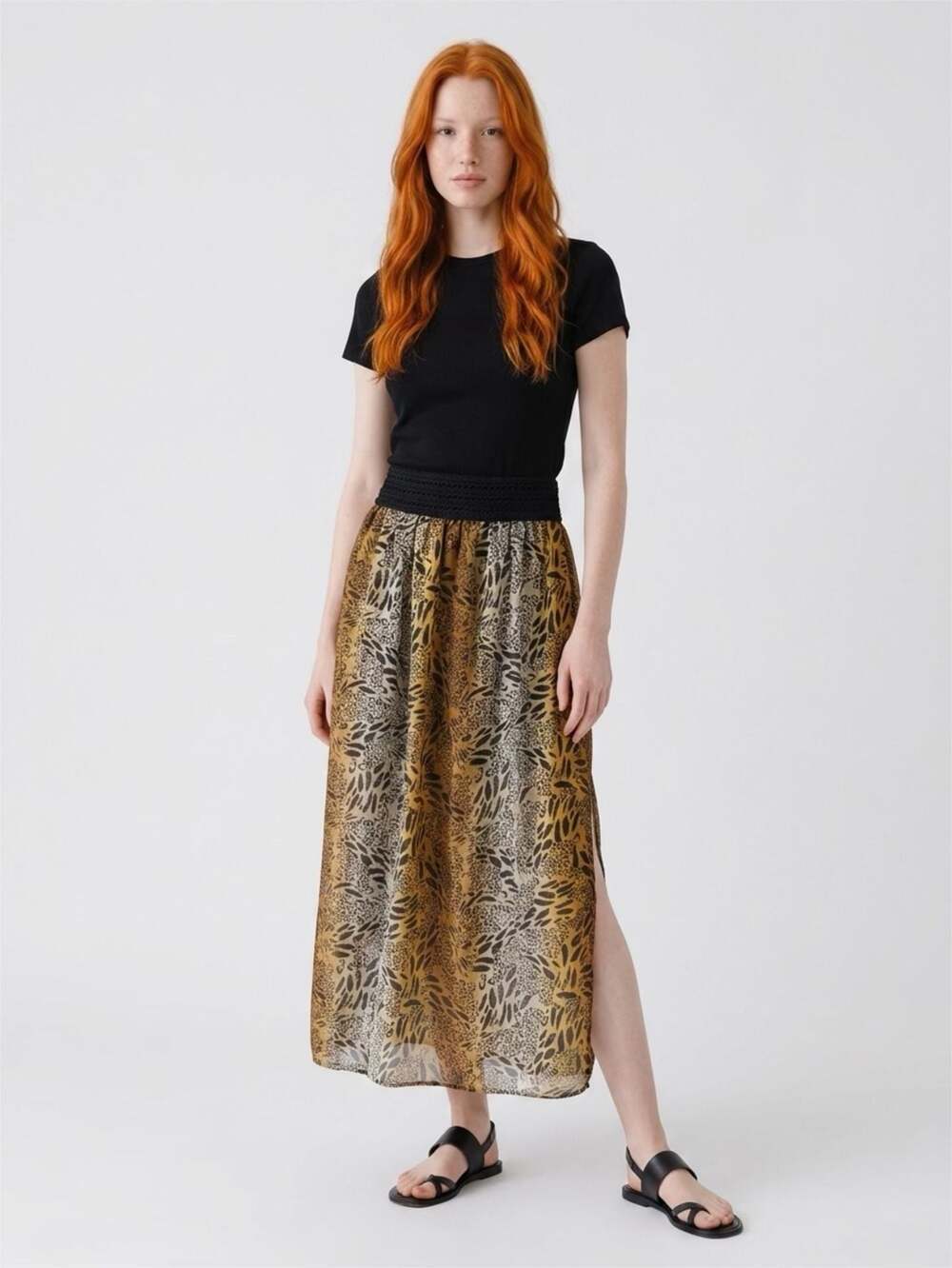 No Boundaries Animal Print Smocked Waist Midi Skirt with Side Slit